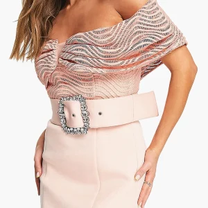 Dusky Pink Bardot Lace Peplum Hem & Belt Detail Midi Dress