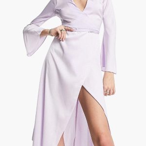 Lilac Tie Waist Bias Cut Satin Wrap Midi Dress